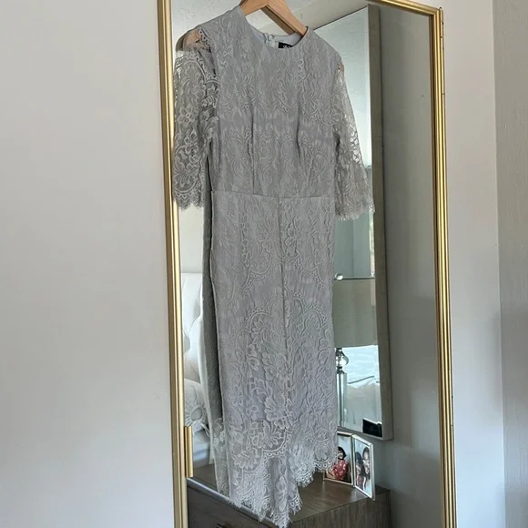 Lulus | Dresses | Elegant Wedding Guest Dress In Silvergray Lace | Poshmark